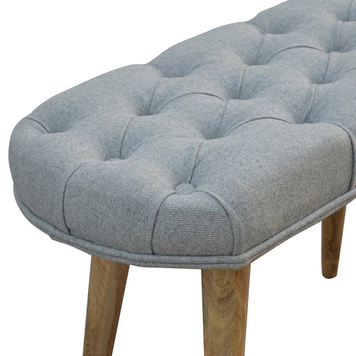 Deep Button Grey Tweed Bench - Solid Mango Wood Seating Furniture for Entryway - product view 4 showing handcrafted solid...