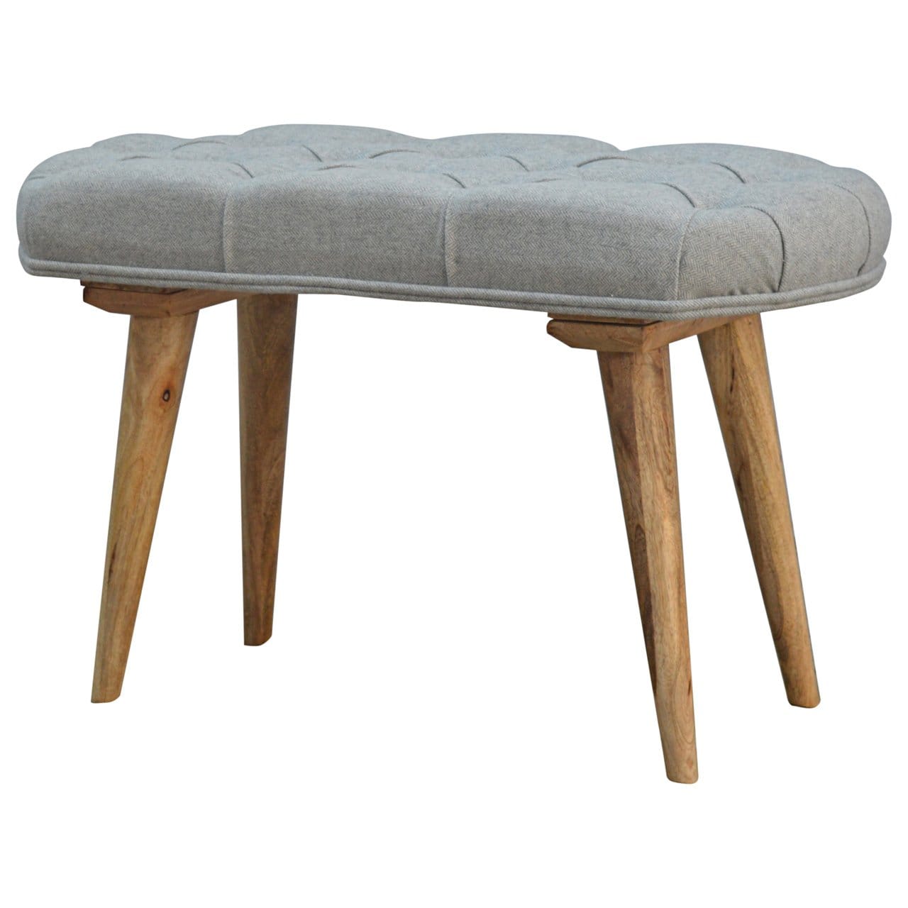 Deep Button Grey Tweed Bench - Solid Mango Wood Seating Furniture for Entryway - product view 2 showing handcrafted solid...