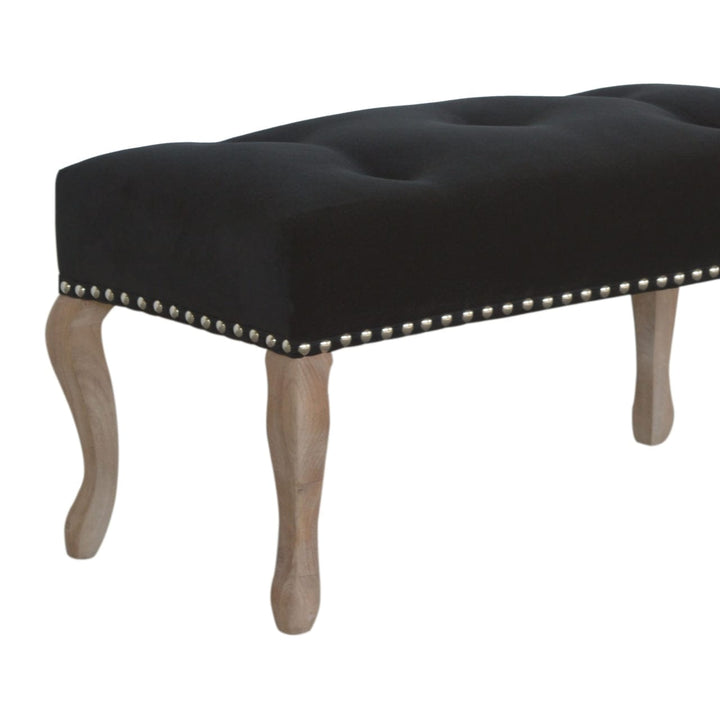 French Style Black Velvet Bench - Solid Mango Wood Seating Furniture for Entryway - product view 4 showing handcrafted...
