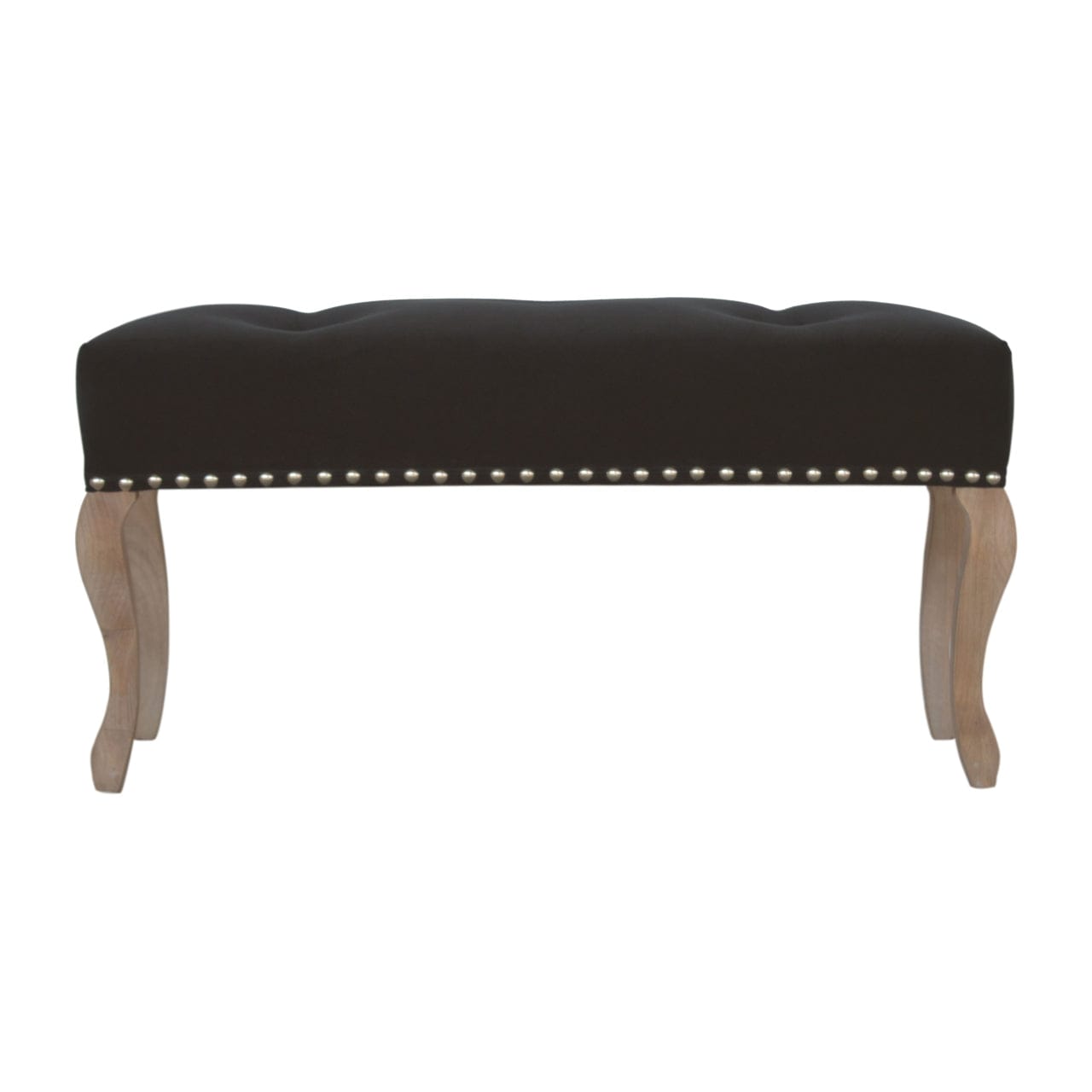 French Style Black Velvet Bench - Solid Mango Wood Seating Furniture for Entryway - main view showing handcrafted solid...