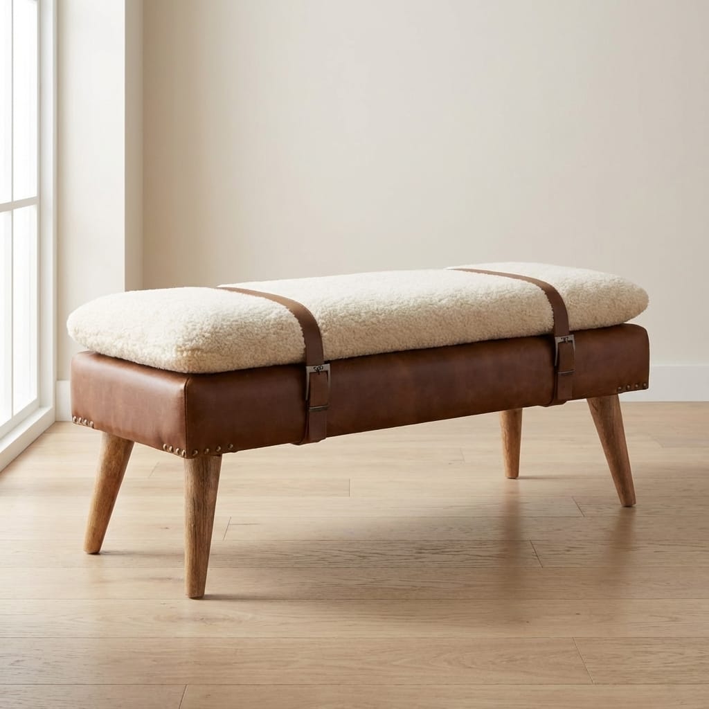 Handcrafted mango wood bench with boucle buffalo hide upholstery and wooden legs, perfect for entryway seating.