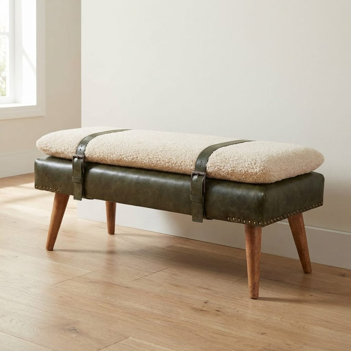 Handcrafted Bouclé Buffalo Hide Olive Green Leather Bench - Solid Mango Wood Seating Furniture for Entryway - main view...