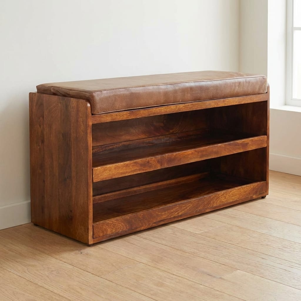 Handcrafted Buffalo Hide Pull out Chestnut Shoe Storage Bench - Solid Mango Wood Seating Furniture for Entryway - main...