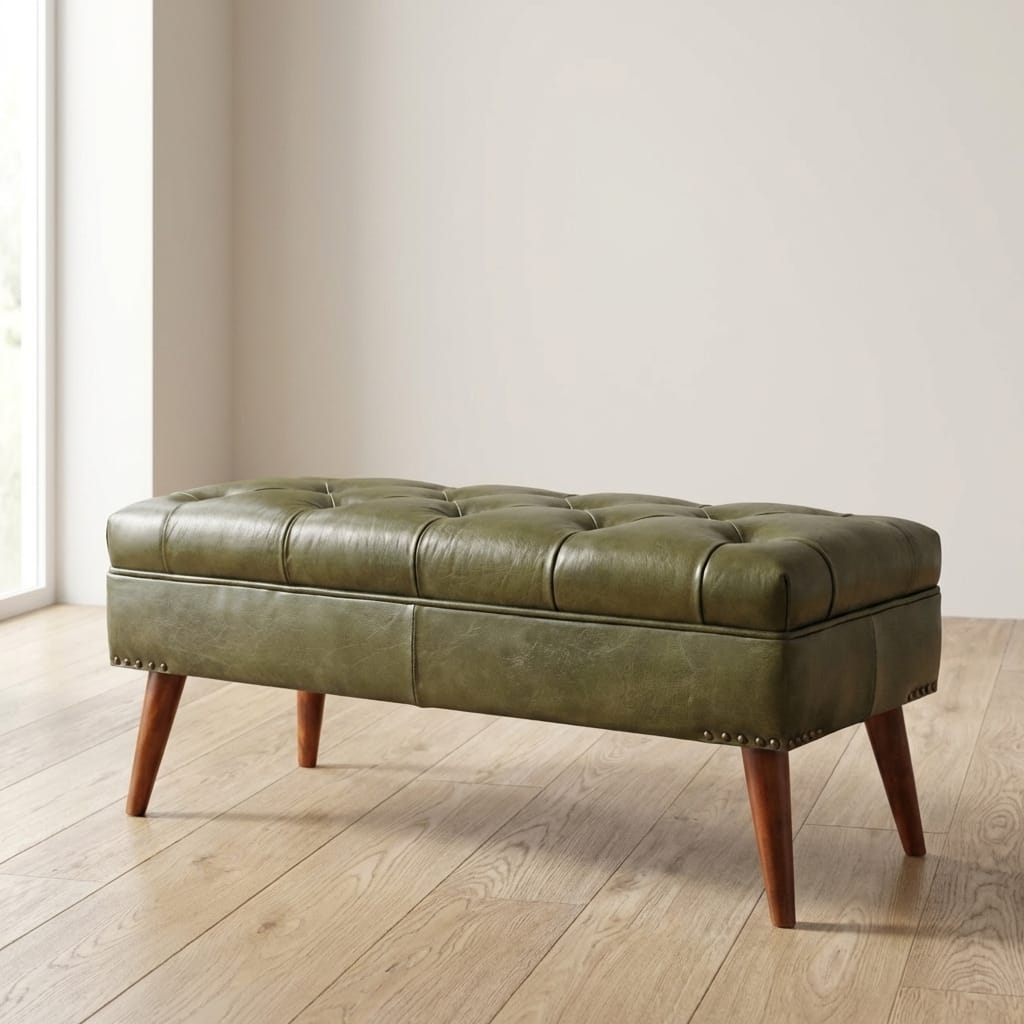 Handcrafted Green Bench - Solid Mango Wood Seating Furniture for Entryway - main view showing handcrafted solid mango...