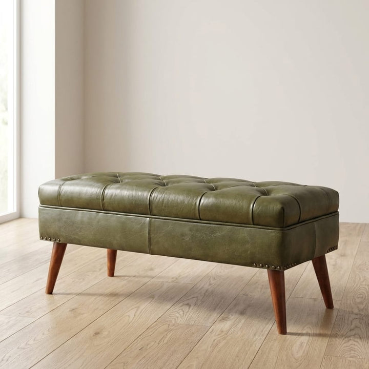 Handcrafted Green Bench - Solid Mango Wood Seating Furniture for Entryway - main view showing handcrafted solid mango...