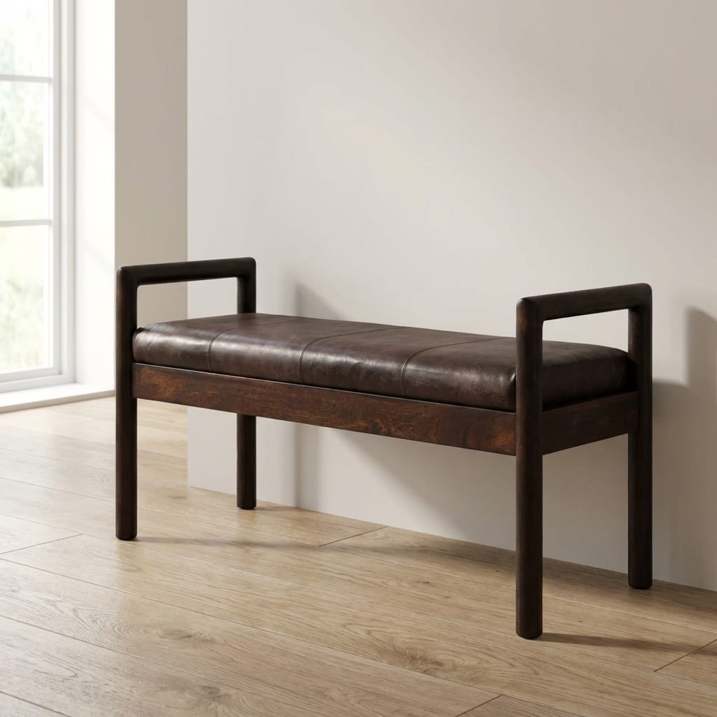 Handcrafted Gridline Bench - Solid Mango Wood Seating Furniture for Entryway - main view showing handcrafted solid mango...