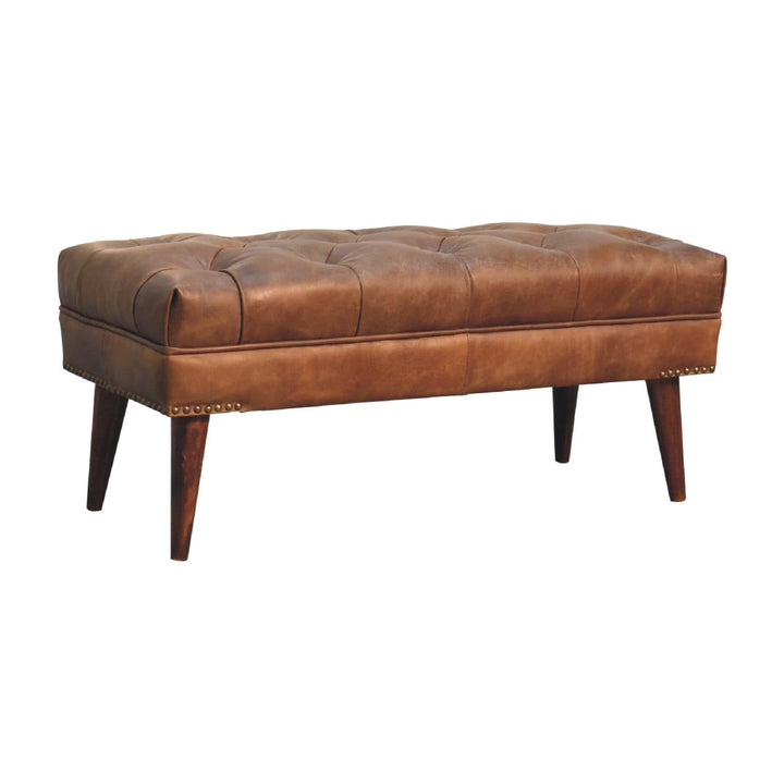 Handcrafted Harbour Brown Leather Bench - Solid Mango Wood Seating Furniture for Entryway - product view 3 showing...