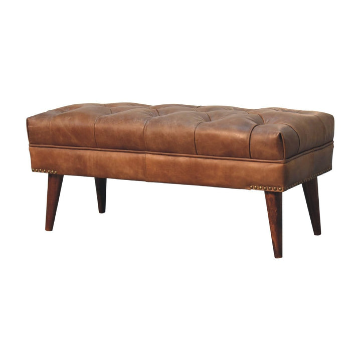 Handcrafted Harbour Brown Leather Bench - Solid Mango Wood Seating Furniture for Entryway - product view 2 showing...