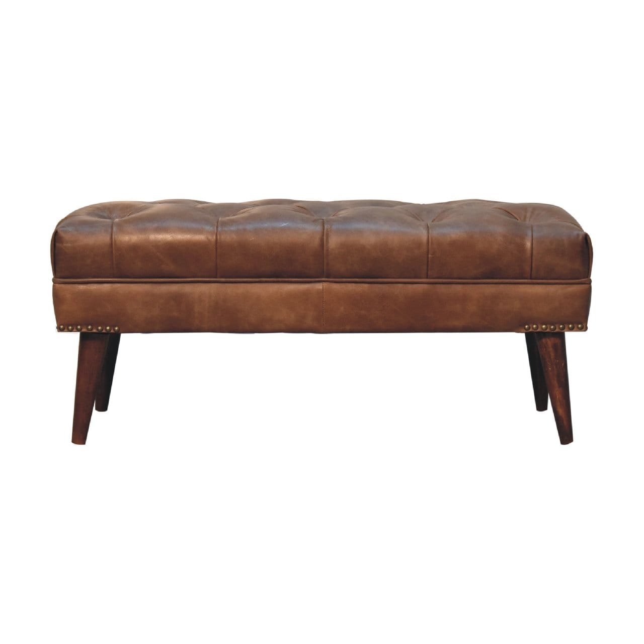 Handcrafted Harbour Brown Leather Bench - Solid Mango Wood Seating Furniture for Entryway - main view showing handcrafted...