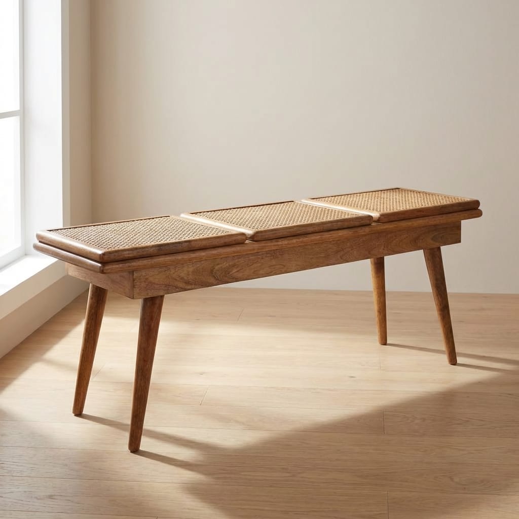 Handcrafted Larissa Triple Accent Oak-ish Cane Bench - Solid Mango Wood Seating Furniture for Entryway - main view...