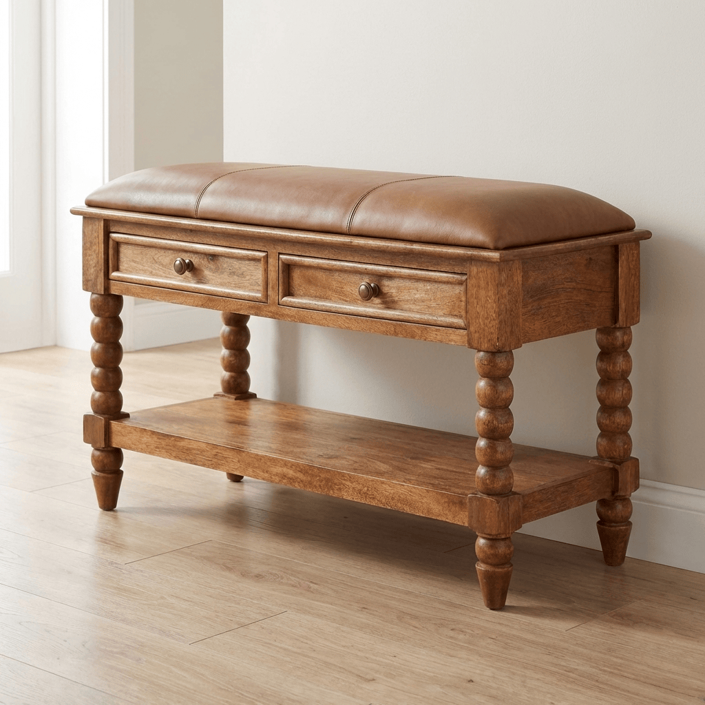 Handcrafted Leather Spindle Bench - Solid Mango Wood Seating Furniture for Entryway - main view showing handcrafted solid...