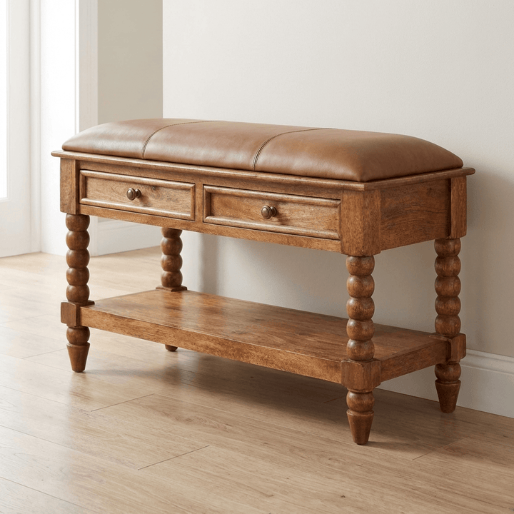 Handcrafted Leather Spindle Bench - Solid Mango Wood Seating Furniture for Entryway - main view showing handcrafted solid...