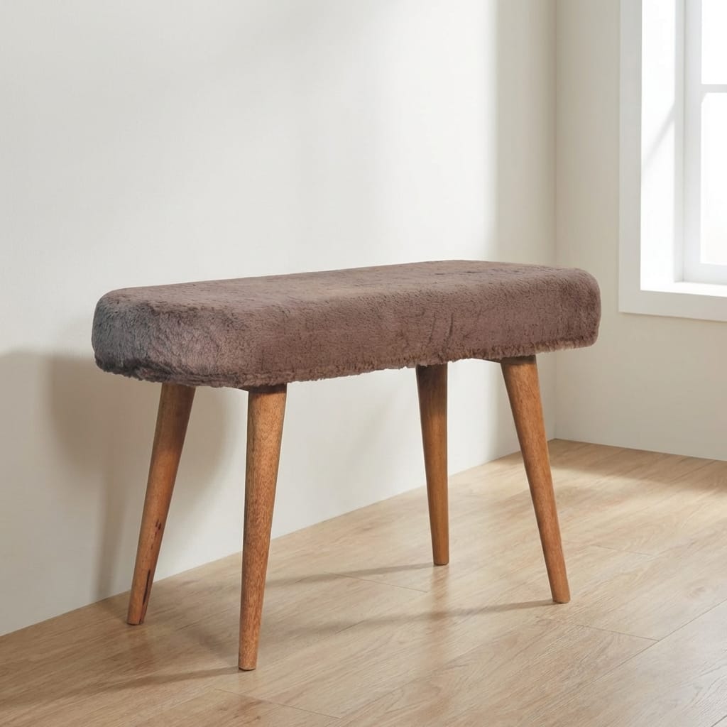 Handcrafted Mocha Faux Fur Fabric Bench - Solid Mango Wood Seating Furniture for Entryway - main view showing handcrafted...