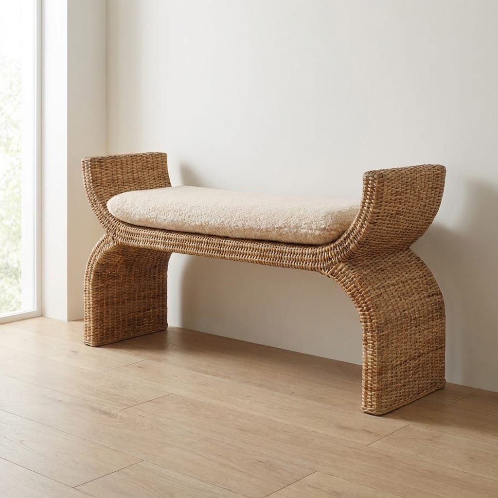Handcrafted Rattan Weave Boucle Bench - Solid Mango Wood Seating Furniture for Entryway - main view showing handcrafted...