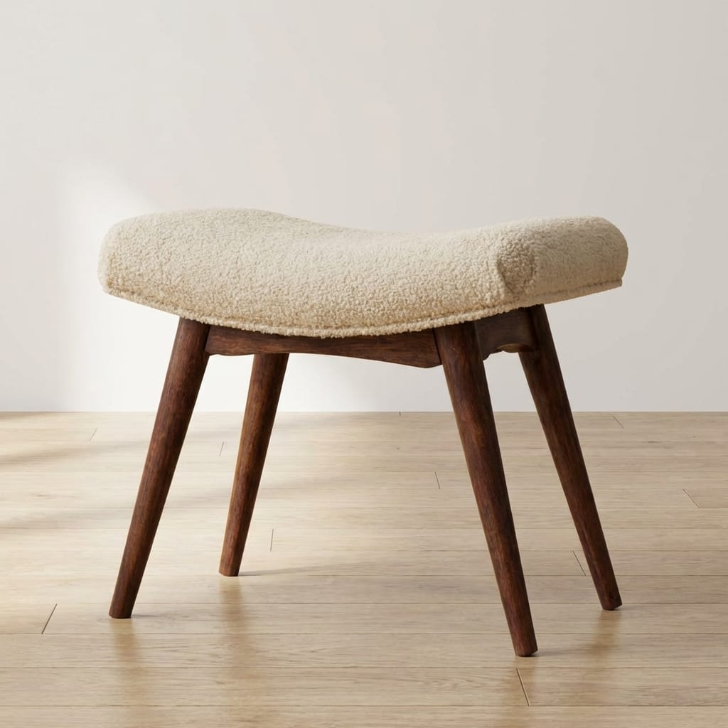 Honey Caramel Boucle Cream Curved Bench - Solid Mango Wood Seating Furniture for Entryway - main view showing handcrafted...