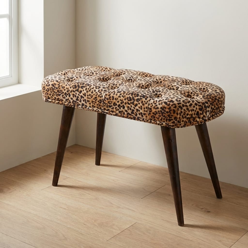 Leopard Print Deep Button Bench - Solid Mango Wood Seating Furniture for Entryway - main view showing handcrafted solid...