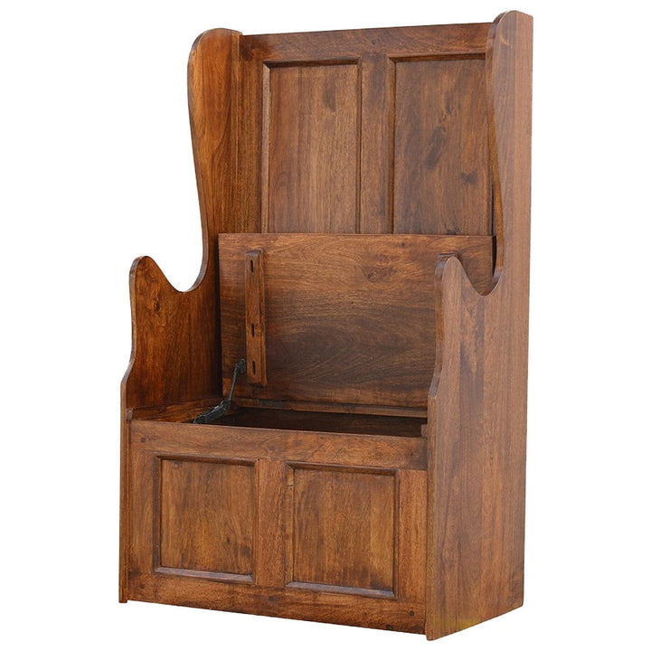 Lid up County Style Monks Bench - Solid Mango Wood Seating Furniture for Entryway - product view 4 showing handcrafted...