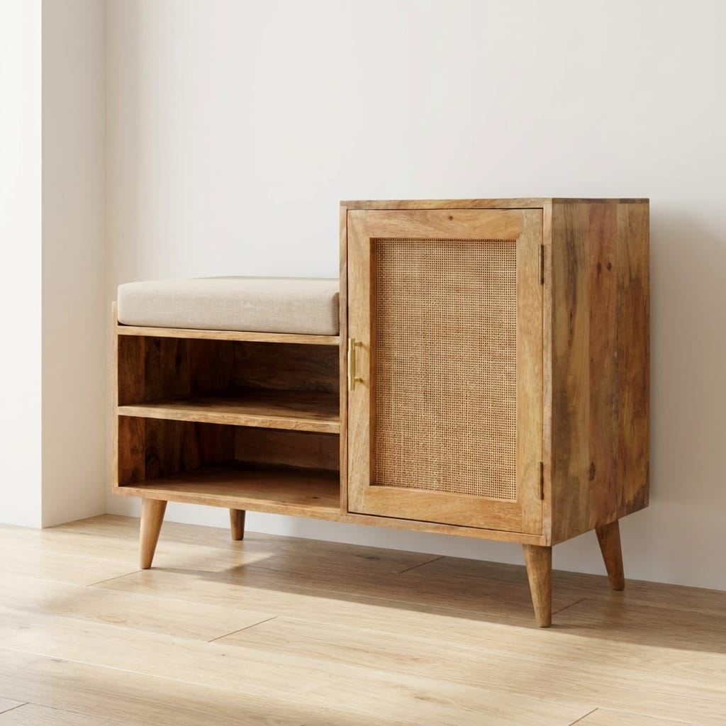 Mid-Century Modern 2 slot Oak-ish Bench - Solid Mango Wood Seating Furniture for Entryway - main view showing handcrafted...