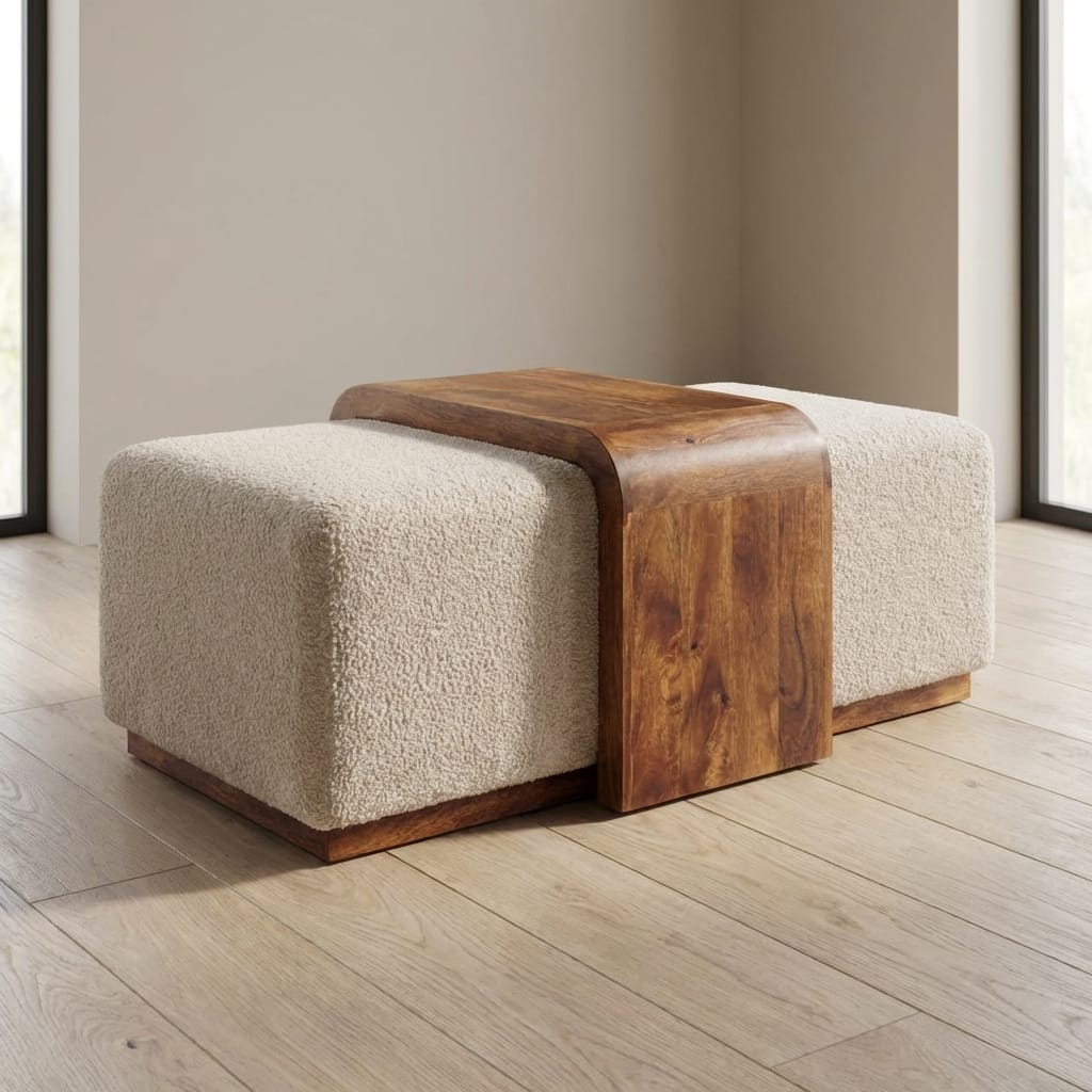 Mid-Century Modern Bench - Solid Mango Wood Seating Furniture for Living Room - main view showing handcrafted solid mango...