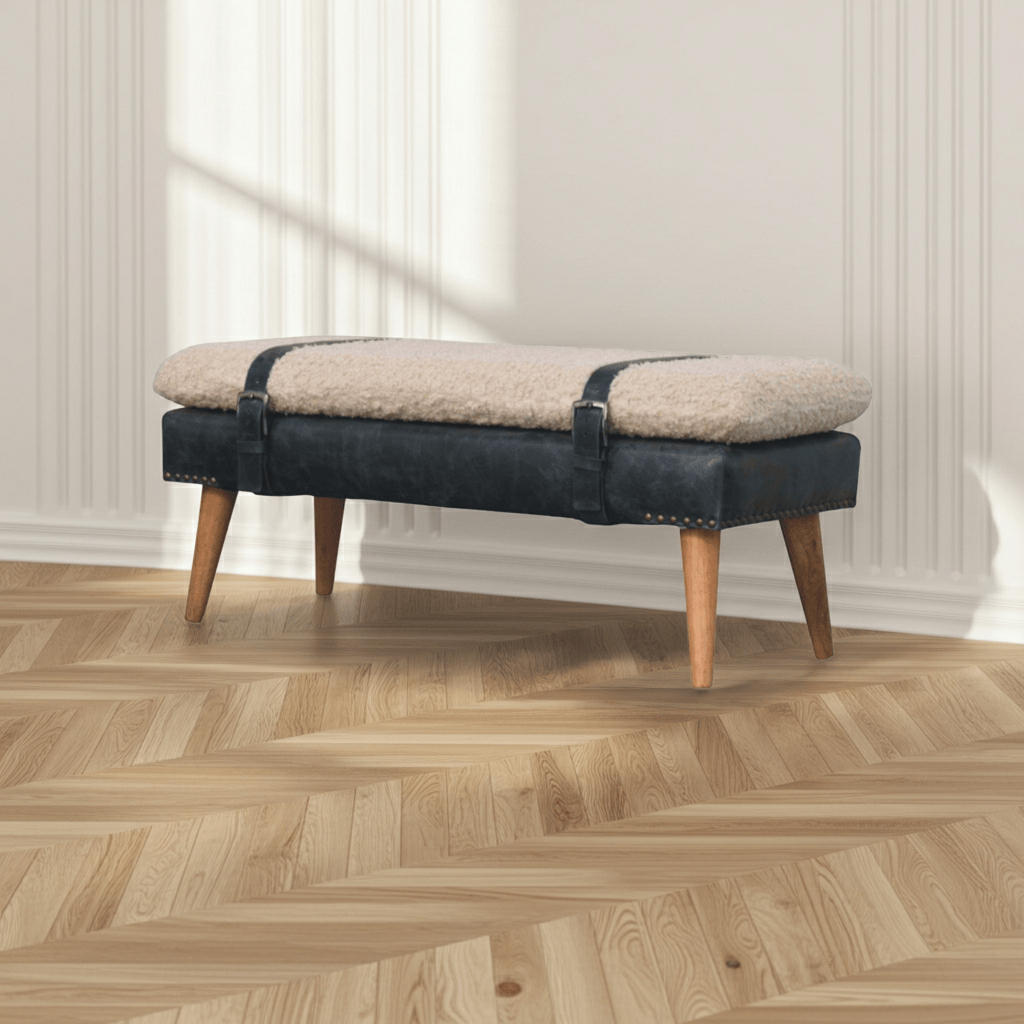 Mid-Century Modern Boucle x Olive Green Leather Bench - Solid Mango Wood Seating Furniture for Entryway - main view...