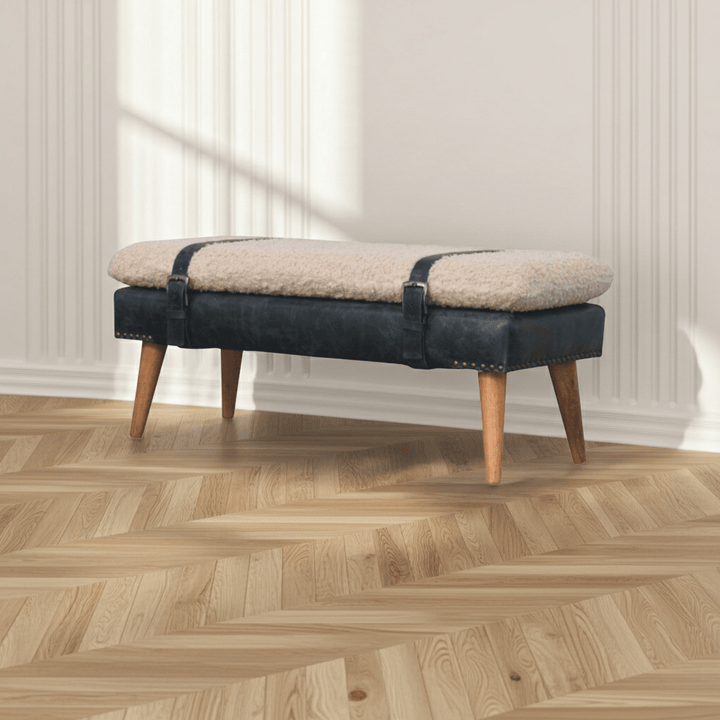 Mid-Century Modern Boucle x Olive Green Leather Bench - Solid Mango Wood Seating Furniture for Entryway - main view...