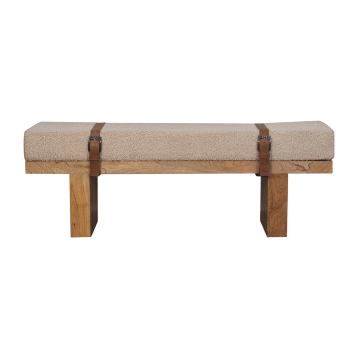 Mid-Century Modern Cream Boucle Bench - Solid Mango Wood Seating Furniture for Entryway - product view 2 showing...