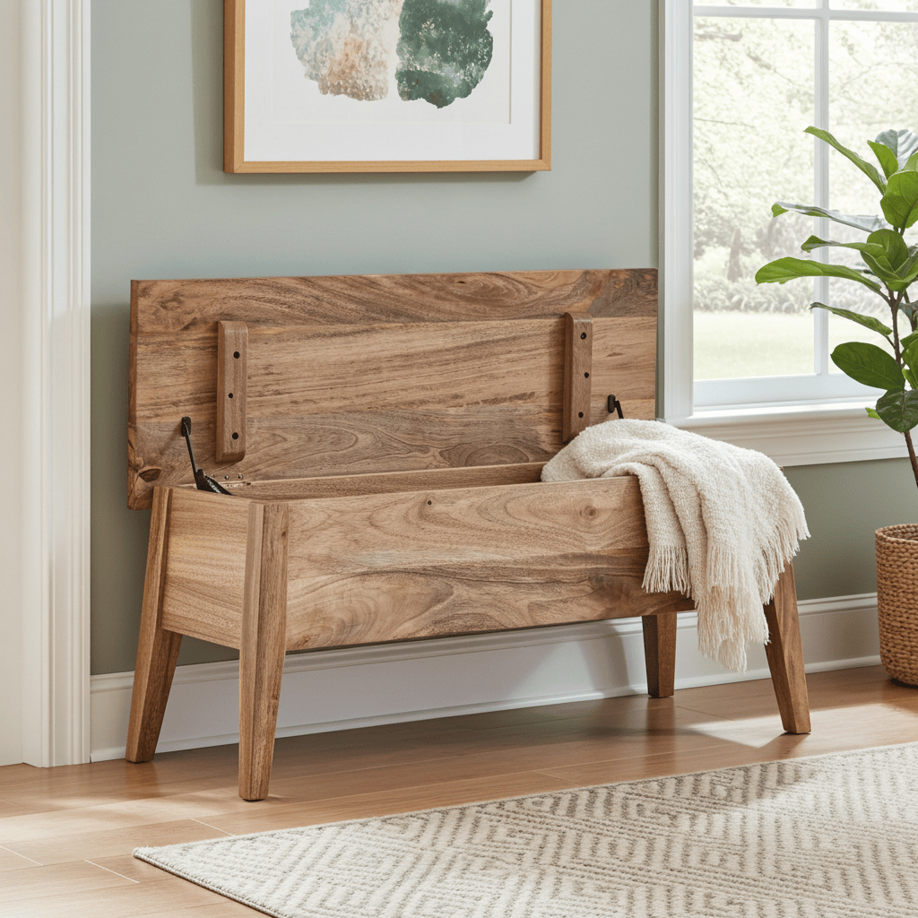 Solid Wood Lid Up Storage Bench - Solid Mango Wood Seating Furniture for Entryway - product view 2 showing handcrafted...
