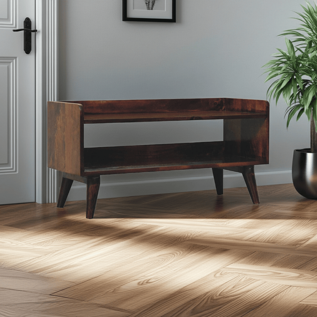 Nordic California Walnut Storage Bench - Solid Mango Wood Seating Furniture for Entryway - main view showing handcrafted...