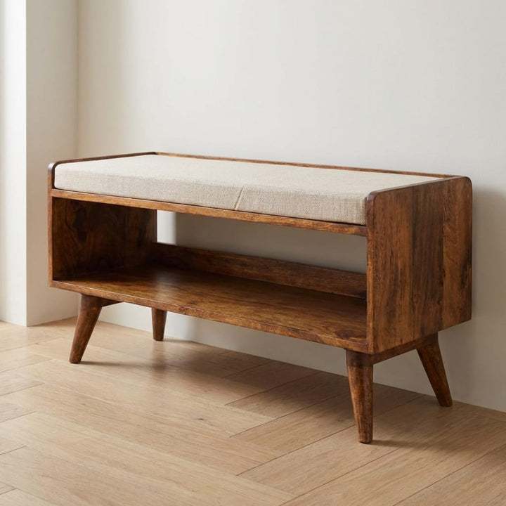 Nordic Mud Linen Storage Bench - Solid Mango Wood Seating Furniture for Entryway - main view showing handcrafted solid...