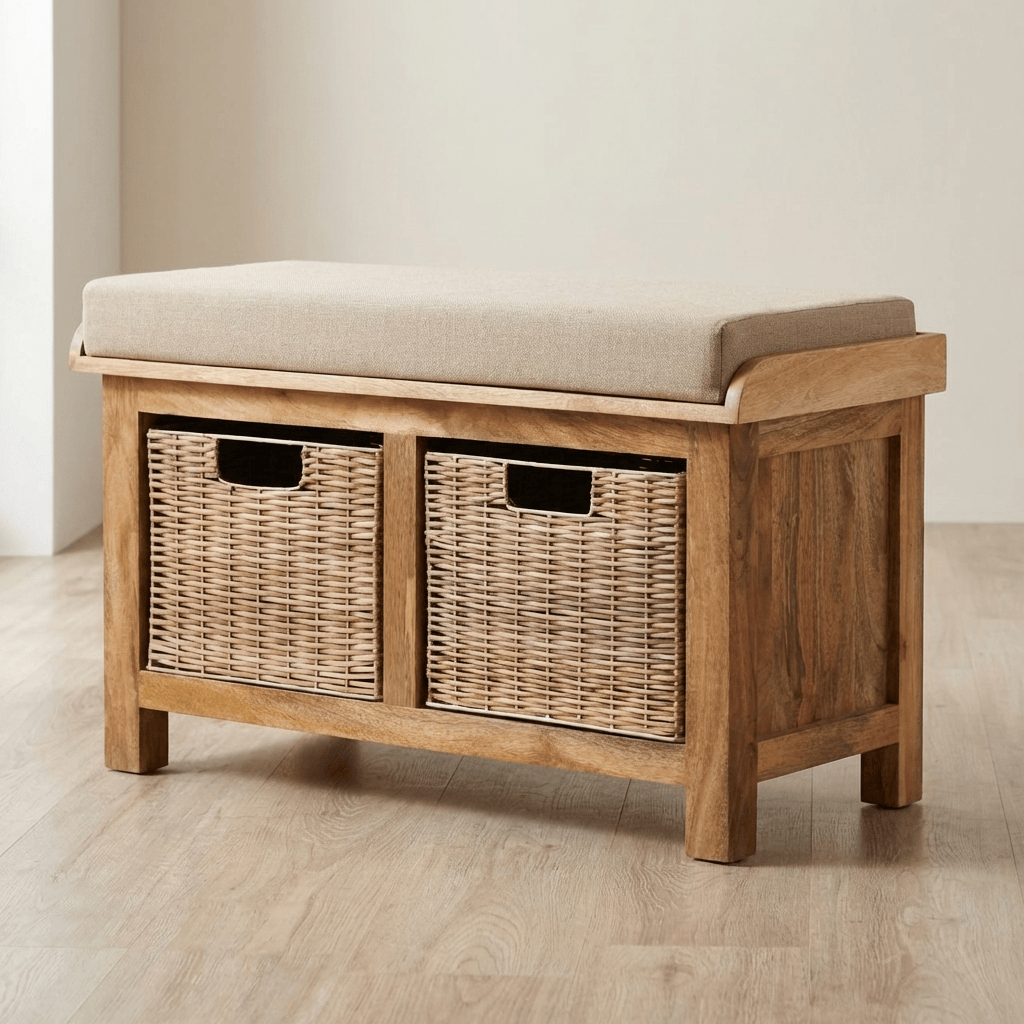 Rattan Basket Linen Bench - Solid Mango Wood Seating Furniture for Entryway - main view showing handcrafted solid mango...