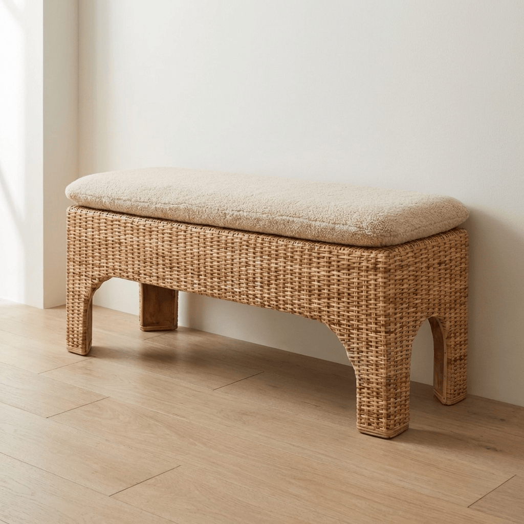 Rattan Harmony Entryway Bench - Solid Mango Wood & Handwoven Rattan Seating Bench - main view showing handcrafted solid...