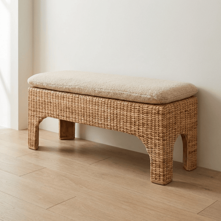 Rattan Harmony Entryway Bench - Solid Mango Wood & Handwoven Rattan Seating Bench - main view showing handcrafted solid...