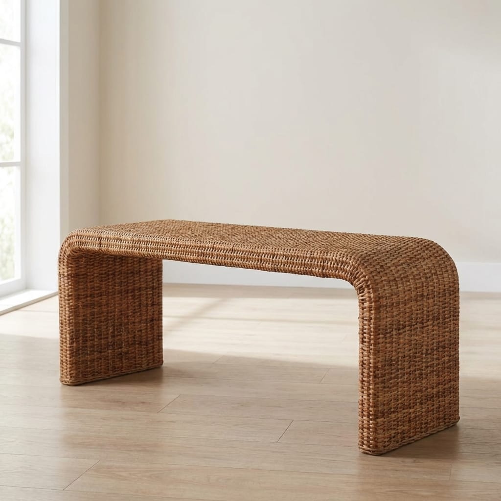 Rattan Weave Bench - Solid Mango Wood Seating Furniture for Entryway - main view showing handcrafted solid mango wood bench
