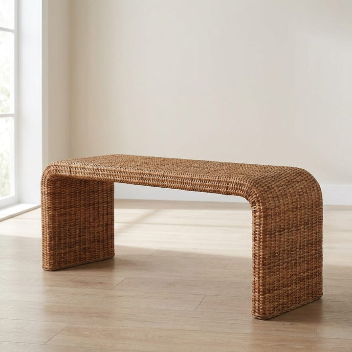 Rattan Weave Bench - Solid Mango Wood Seating Furniture for Entryway - main view showing handcrafted solid mango wood bench