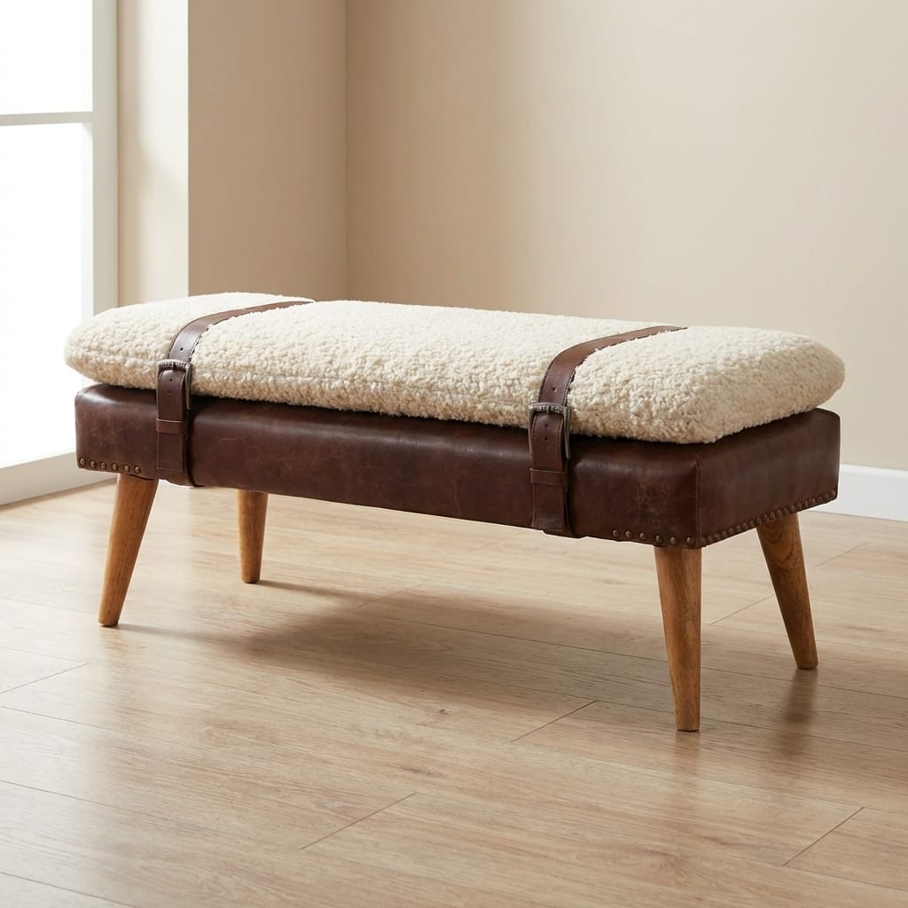 Rustic Boucle x Mahogany Leather Bench - Solid Mango Wood Seating Furniture for Entryway - main view showing handcrafted...