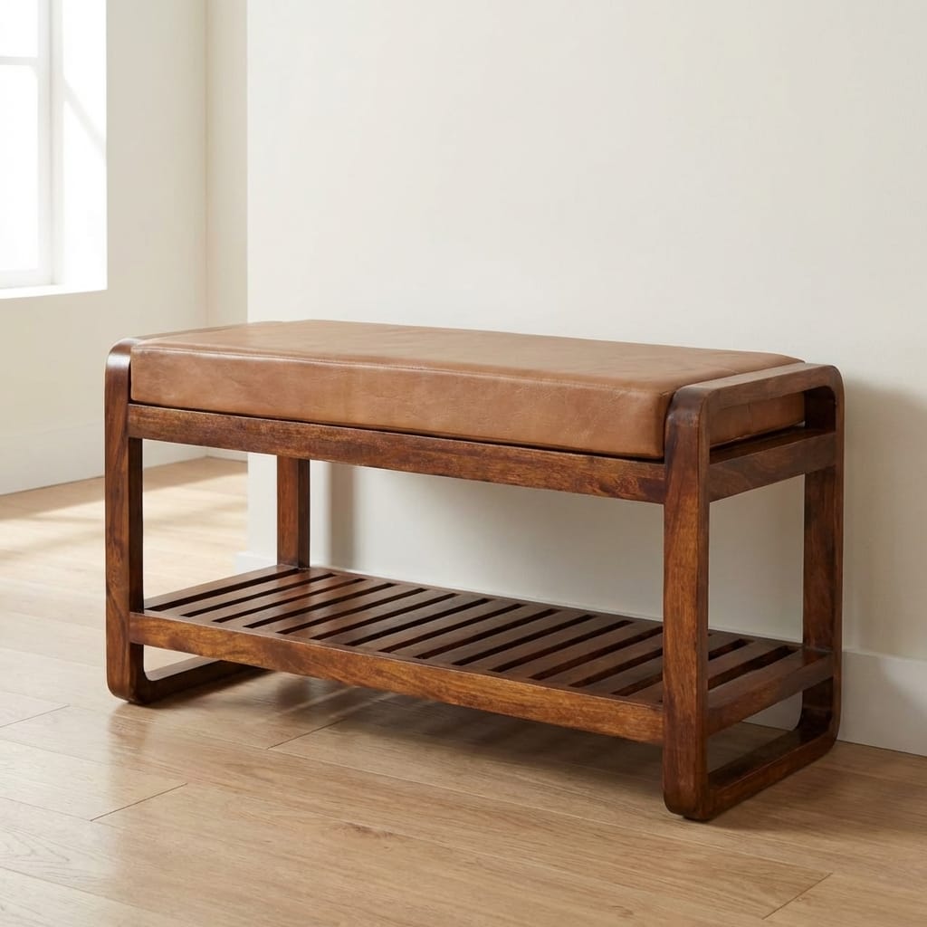Rustic Buffalo Slatted Hallway Bench - Solid Mango Wood Seating Furniture for Entryway - main view showing handcrafted...