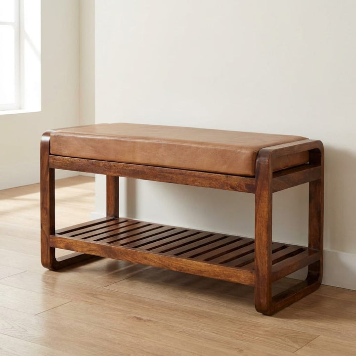 Rustic Buffalo Slatted Hallway Bench - Solid Mango Wood Seating Furniture for Entryway - main view showing handcrafted...