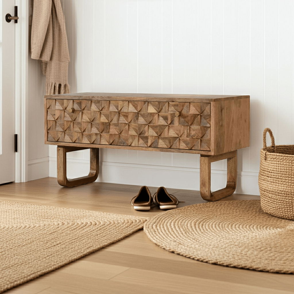 'U' Oak-ish Bench - Solid Mango Wood Seating Furniture for Entryway - product view 12 showing handcrafted solid mango...
