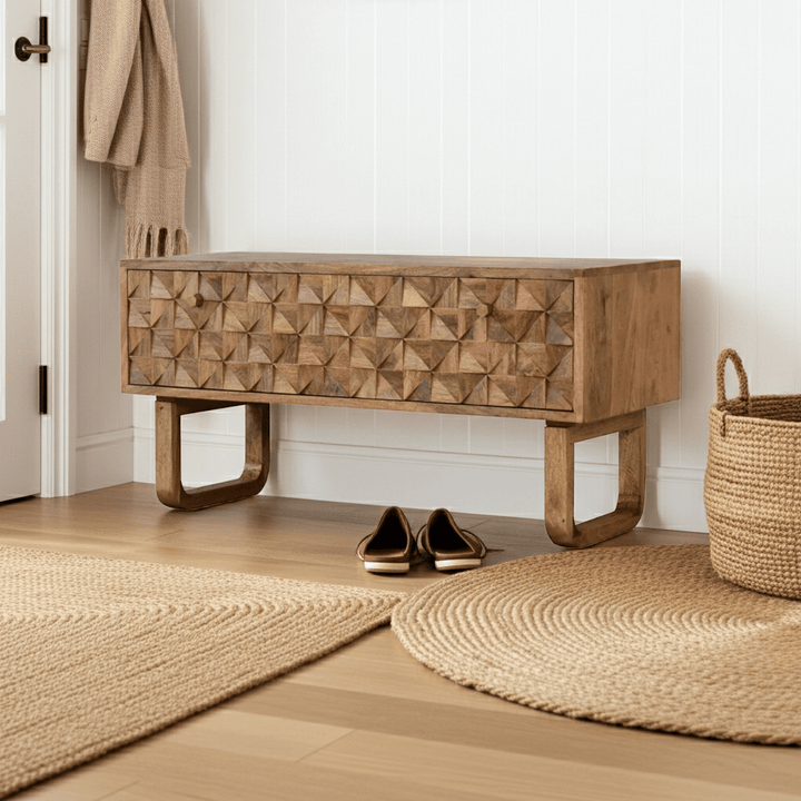 'U' Oak-ish Bench - Solid Mango Wood Seating Furniture for Entryway - product view 12 showing handcrafted solid mango...