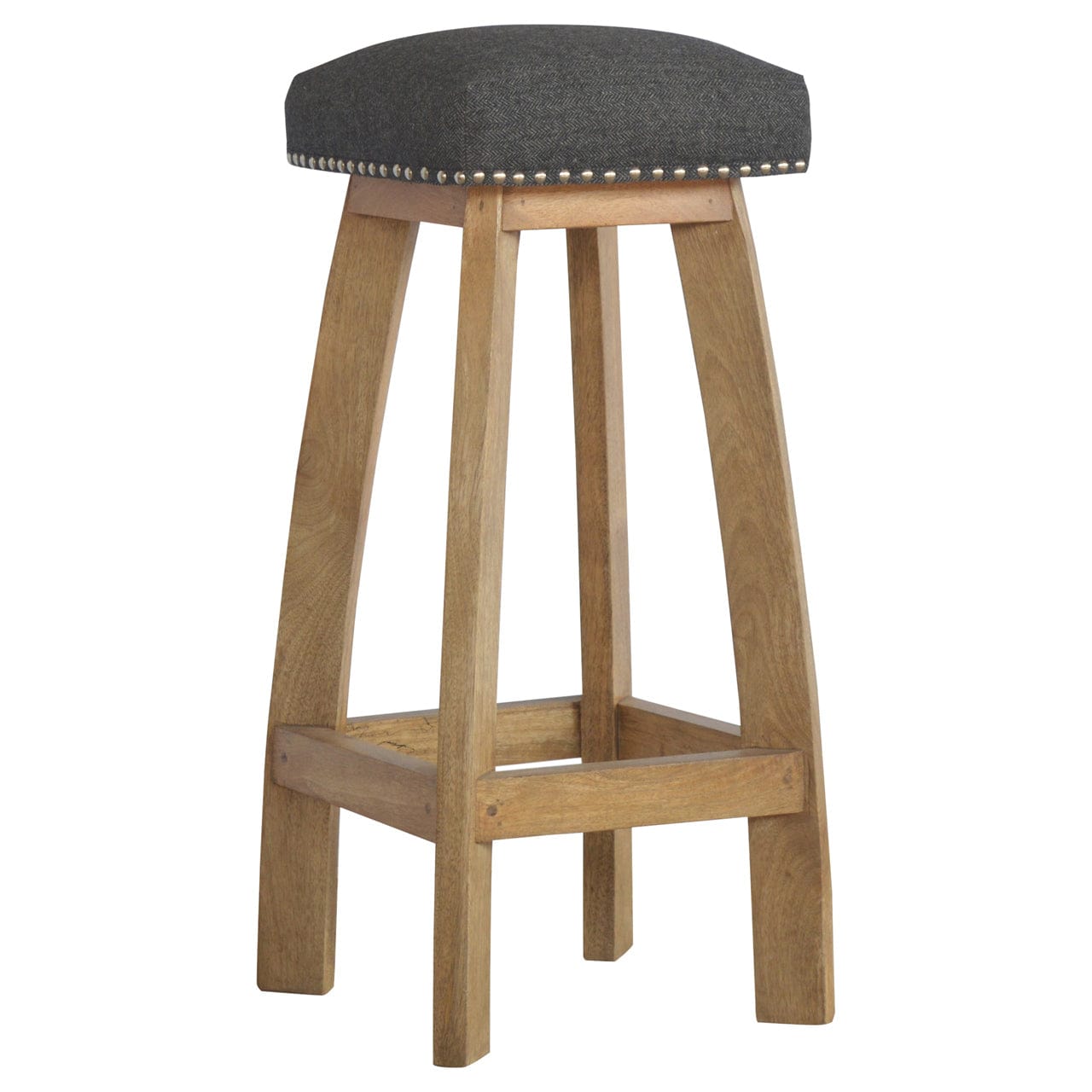Black Tweed Studded Bar Stool - Solid Mango Wood Counter Stool for Kitchen - product view 7 showing handcrafted solid...