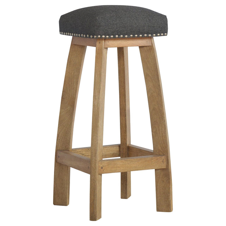 Black Tweed Studded Bar Stool - Solid Mango Wood Counter Stool for Kitchen - product view 7 showing handcrafted solid...