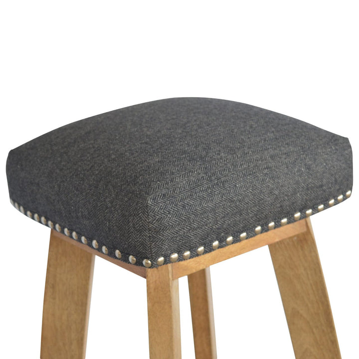 Black Tweed Studded Bar Stool - Solid Mango Wood Counter Stool for Kitchen - product view 3 showing handcrafted solid...