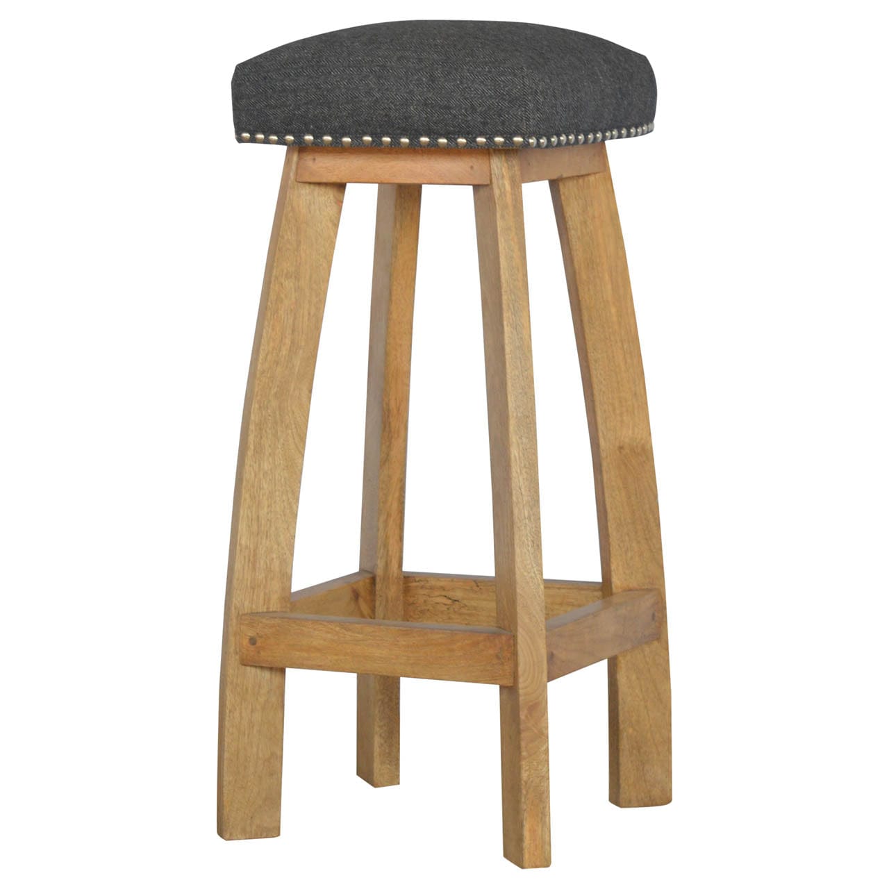 Black Tweed Studded Bar Stool - Solid Mango Wood Counter Stool for Kitchen - main view showing handcrafted solid mango...