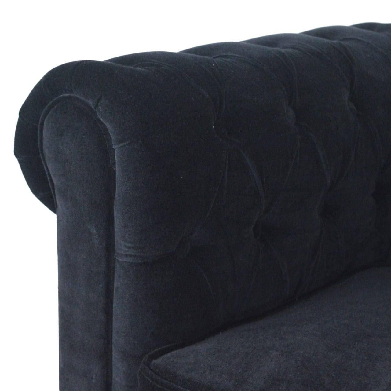 Black Velvet Chesterfield Sofa - Solid Mango Wood Couch for Living Room - product view 7 showing handcrafted solid mango...