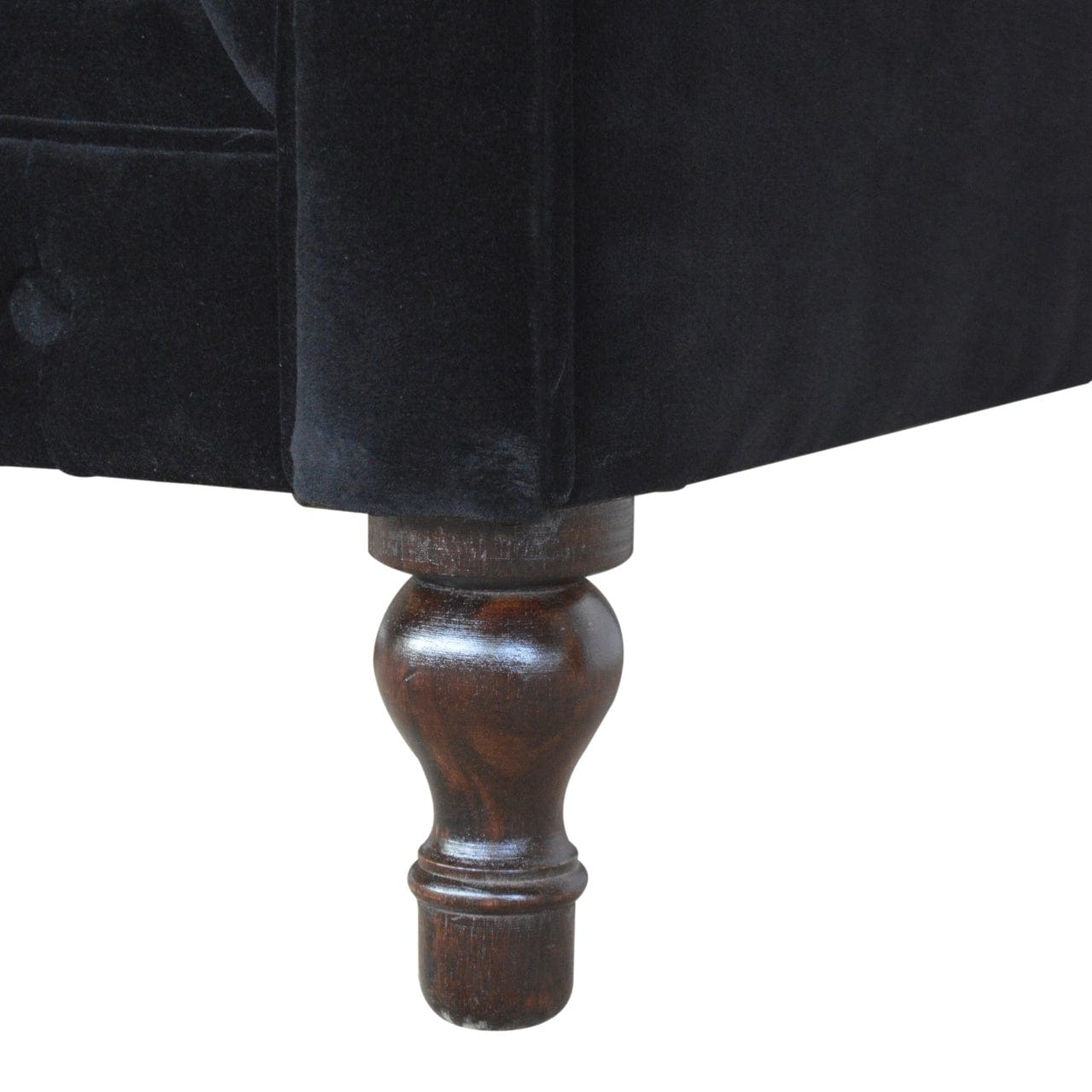 Black Velvet Chesterfield Sofa - Solid Mango Wood Couch for Living Room - product view 6 showing handcrafted solid mango...
