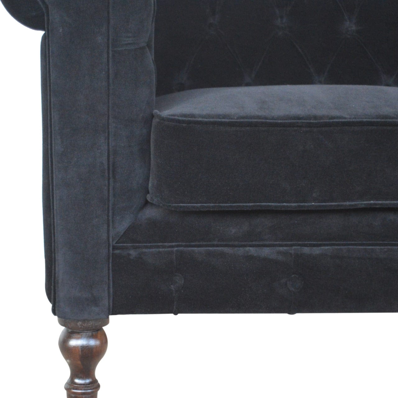 Black Velvet Chesterfield Sofa - Solid Mango Wood Couch for Living Room - product view 4 showing handcrafted solid mango...