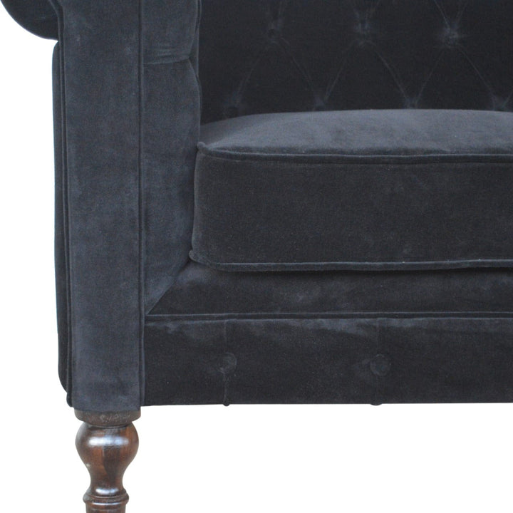 Black Velvet Chesterfield Sofa - Solid Mango Wood Couch for Living Room - product view 4 showing handcrafted solid mango...