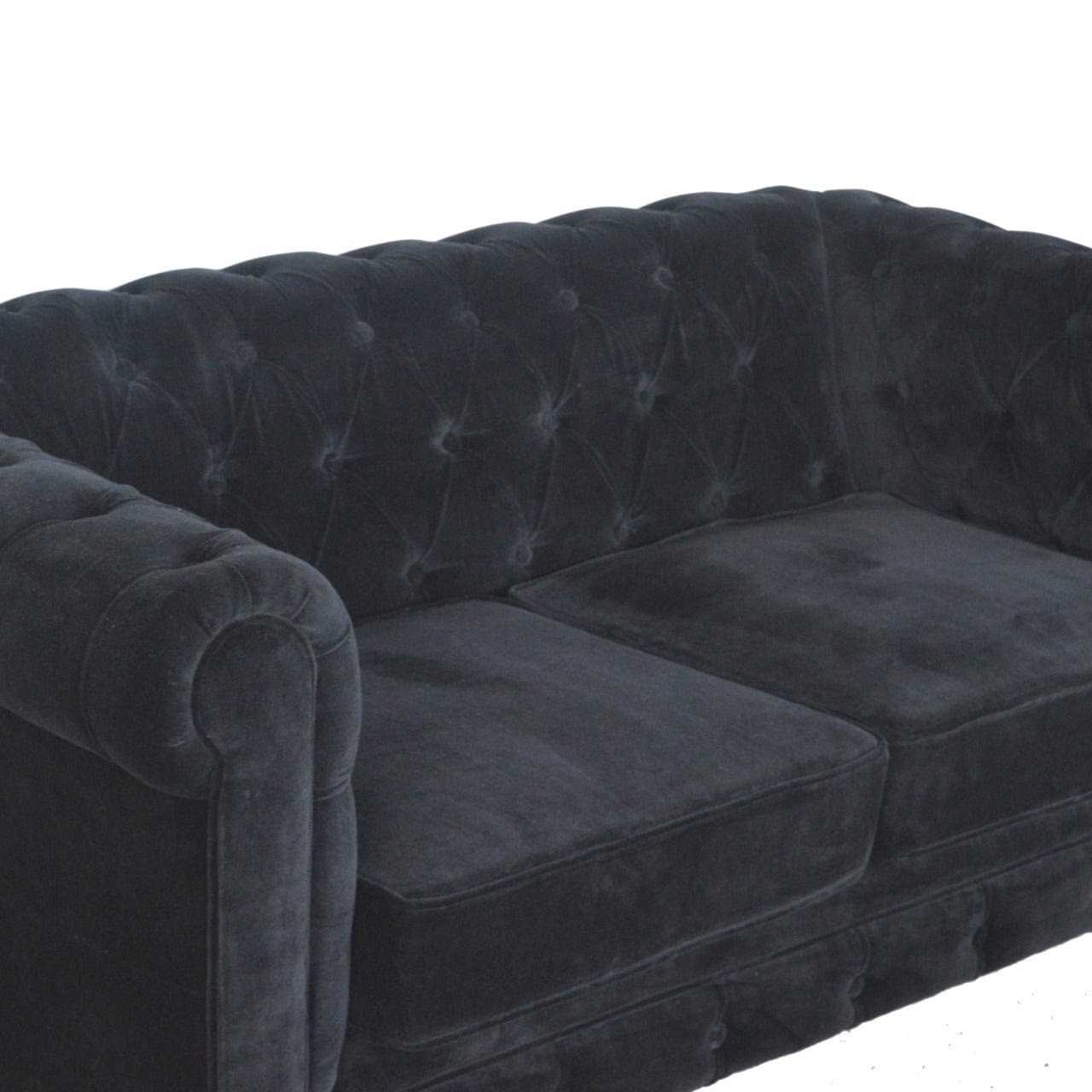 Black Velvet Chesterfield Sofa - Solid Mango Wood Couch for Living Room - product view 3 showing handcrafted solid mango...