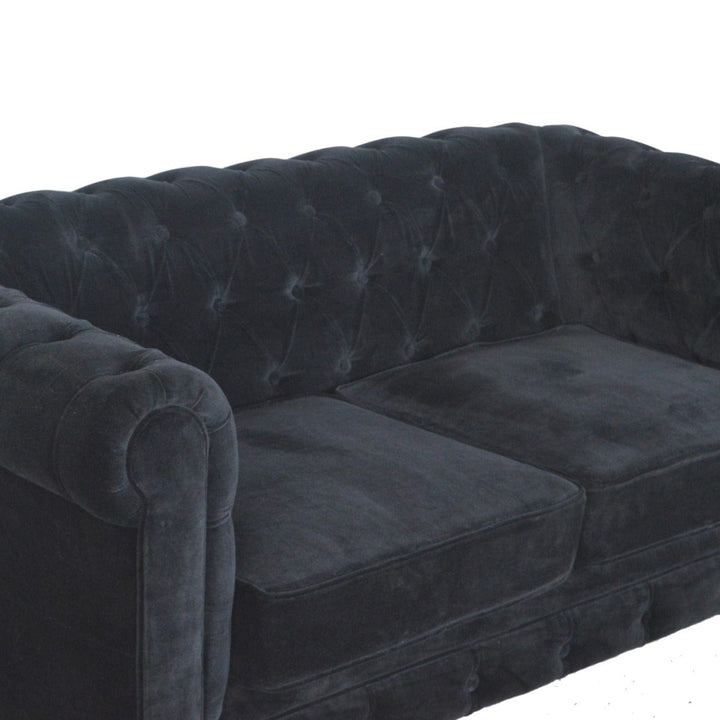 Black Velvet Chesterfield Sofa - Solid Mango Wood Couch for Living Room - product view 3 showing handcrafted solid mango...