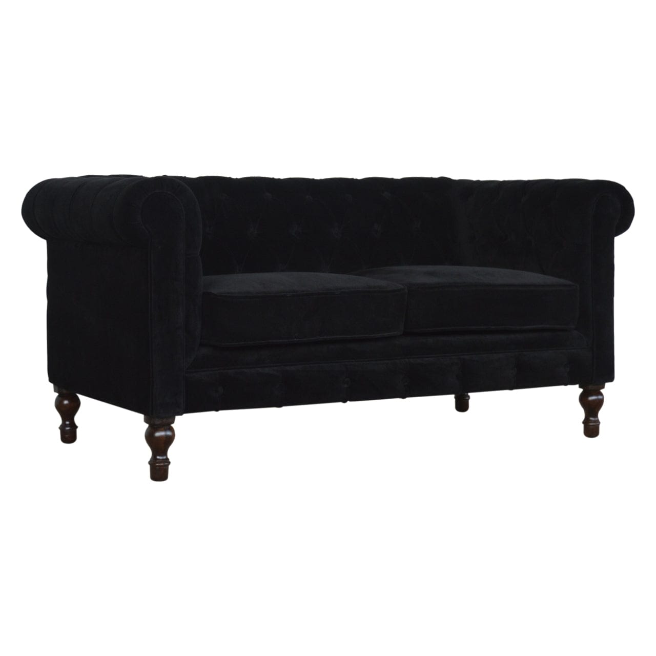 Black Velvet Chesterfield Sofa - Solid Mango Wood Couch for Living Room - main view showing handcrafted solid mango wood...